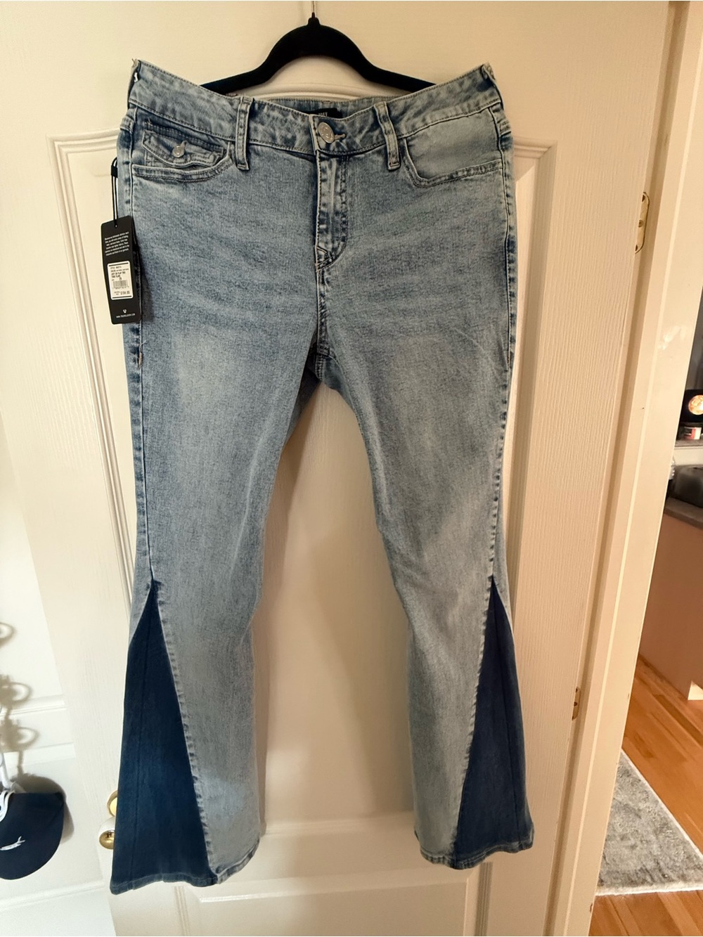 True Religion Two-Tone Light Blue Flare Jeans with Dark Blue Panels - Women